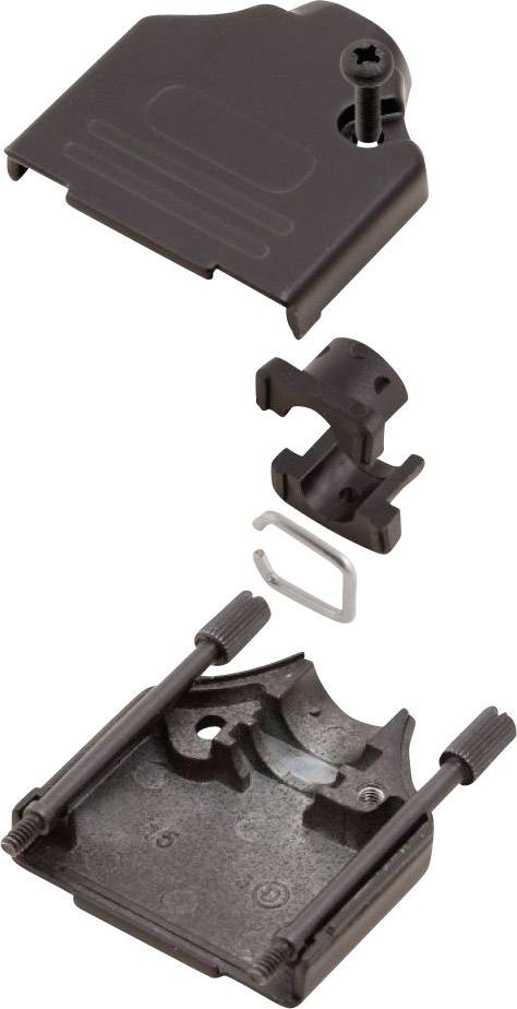 Composants d'un support noir, comprenant une plaque de base, une pièce de liaison et des vis, prévus pour le montage.