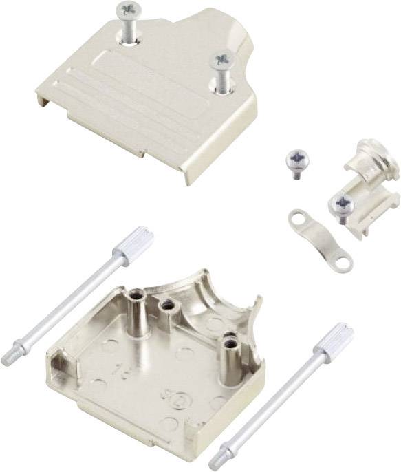 Illustration de composants métalliques, comprenant des pièces de boîtier et des vis, probablement destinés à l'assemblage d'un connecteur électrique.