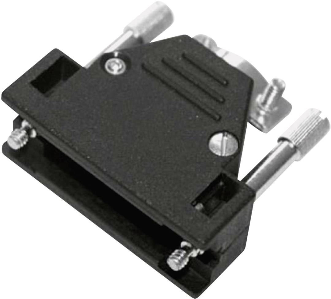 Boîtier de connecteur D-Sub noir avec des vis pour un montage sécurisé. Adapté aux connexions électroniques.