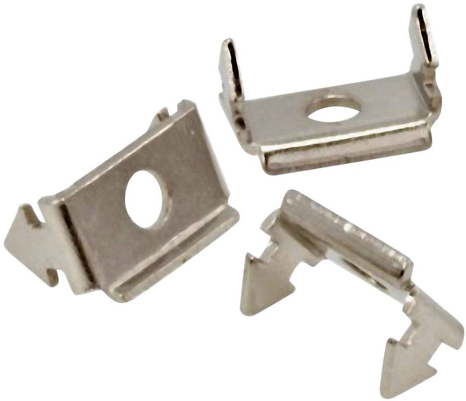 Trois clips métalliques de forme rectangulaire avec un trou central, destinés à la fixation de composants.