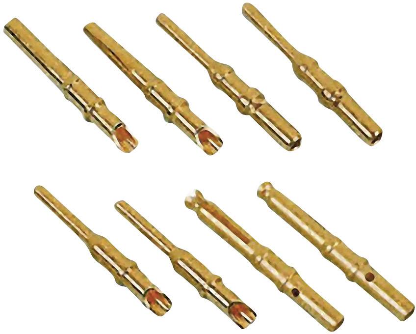 Huit contacts de broche dorés de différentes tailles, utilisés pour des connexions électriques.