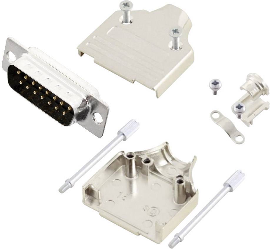 Kit de boîtier métallique pour connecteur D-Sub, comprenant la partie supérieure et inférieure du boîtier, des vis et des connexions de câble, pour le montage et la protection.