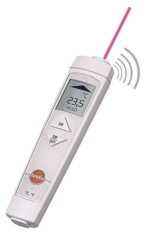 Un thermomètre infrarouge blanc affiche 23,5°C. Un rayon laser rouge pointe vers le haut. Des ondes radio stylisées en arrière-plan.