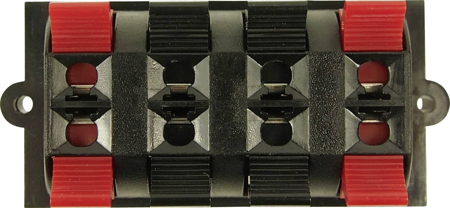 Bornes de haut-parleur à quatre points de connexion avec des bornes rouges et noires pour la fixation des câbles. Utilisé dans les systèmes audio.