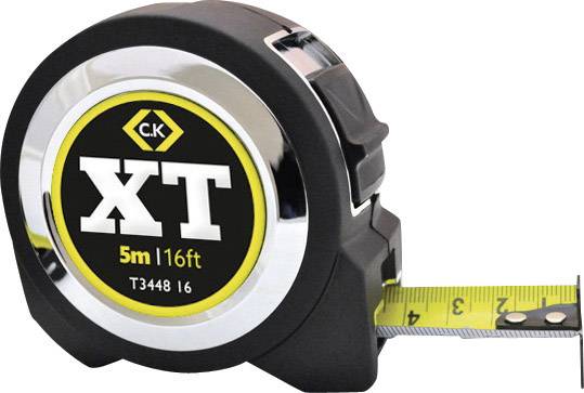 Ruban à mesurer noir avec échelle jaune jusqu'à 5 mètres, nom du produit 'XT', indiquant 3 cm.