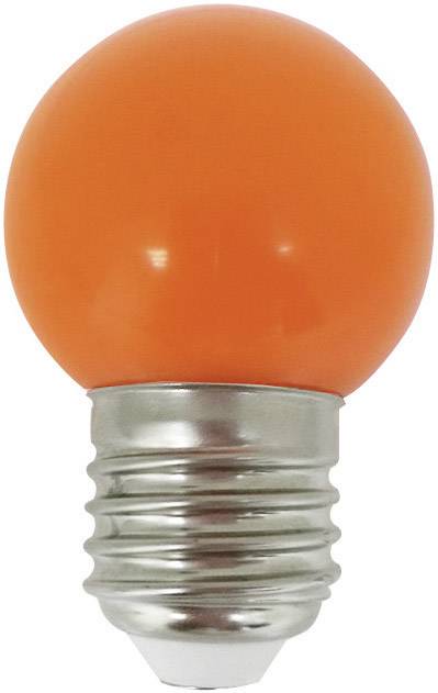 Une ampoule orange avec un culot argenté, isolée sur un fond blanc.