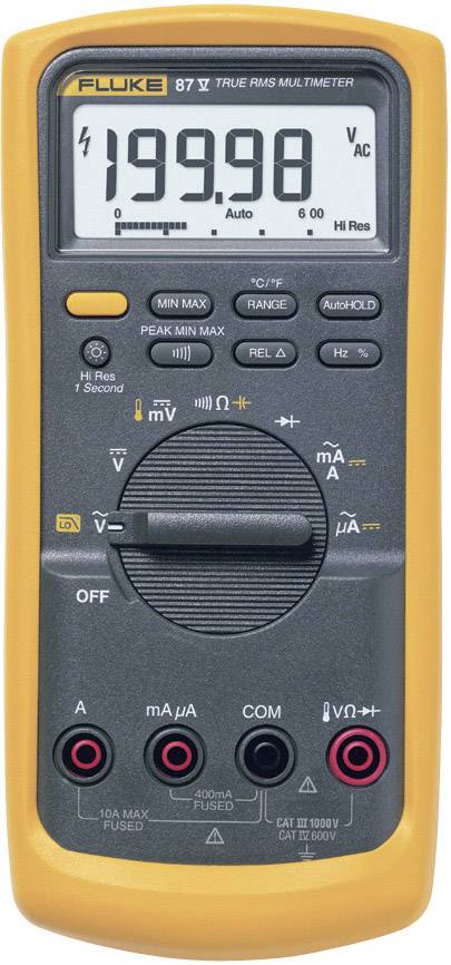 Multimètre numérique 'Fluke 87 V' affichant une tension de 199,98 V AC. Boîtier jaune avec différents éléments de commande et indicateurs.