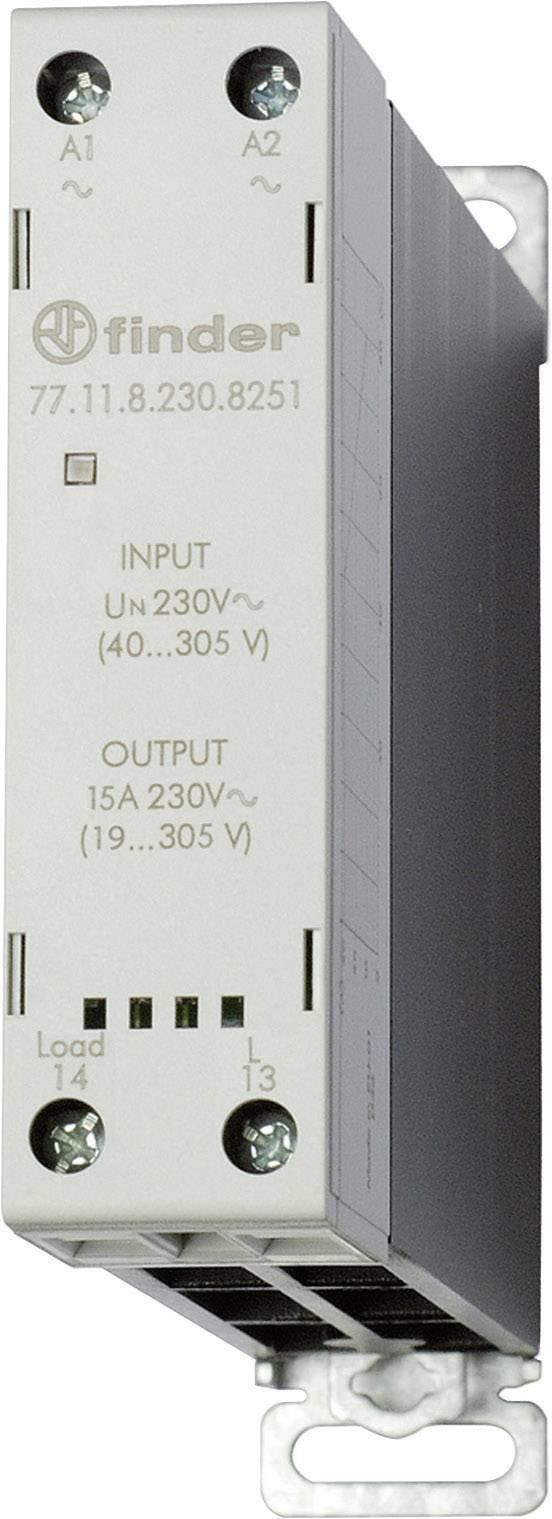 Module de relais de courant avec boîtier métallique, représenté de côté. L'inscription indique les données d'entrée et de sortie pour les spécifications électriques.