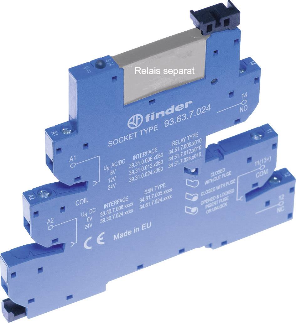 Finder 93.63.7.060 Support relais avec étrier de fixation, avec LED, avec protection antiparasite CEM Adapté pour série (relais)