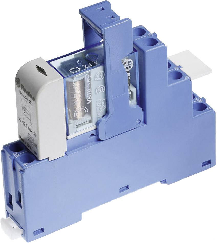 Un module de relais bleu avec un boîtier transparent qui révèle ses composants électriques internes. Conçu pour un montage sur rail DIN.