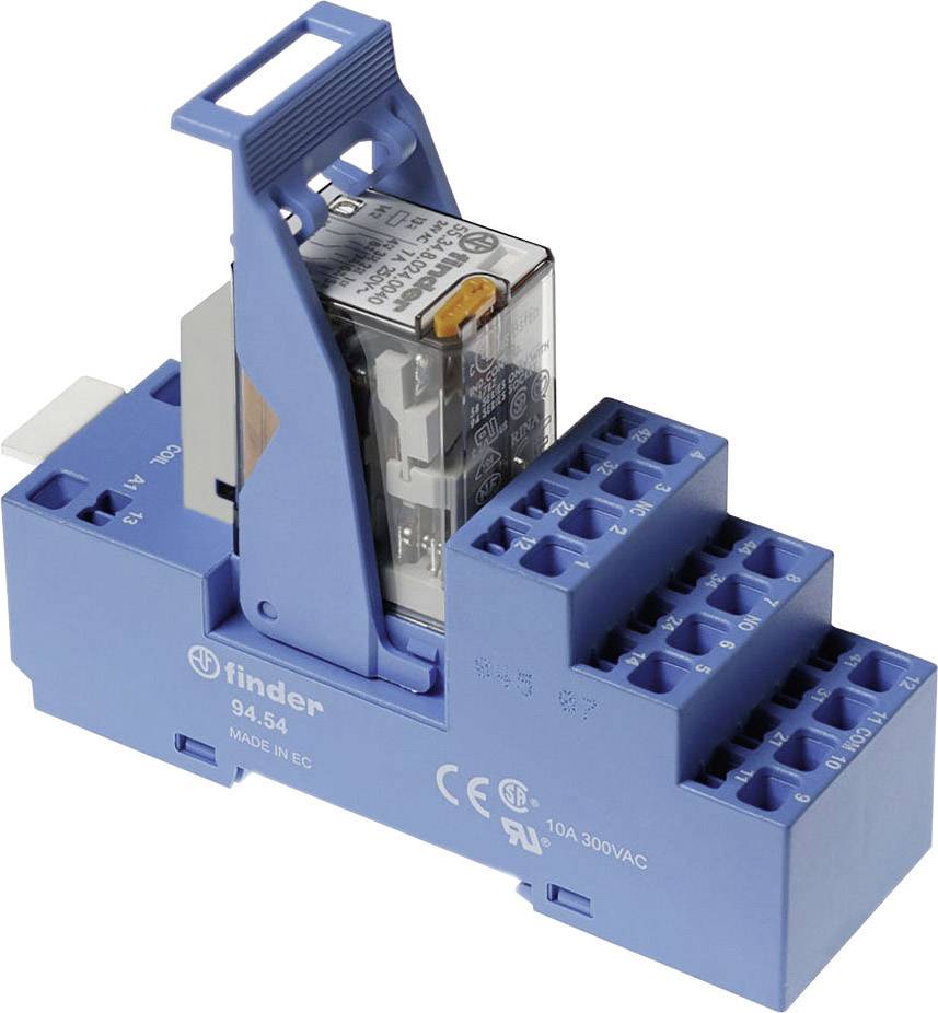 Module relais bleu à plusieurs bornes avec boîtier transparent. Marquages indiquant 'Made in EC' et '10A 300VAC'.