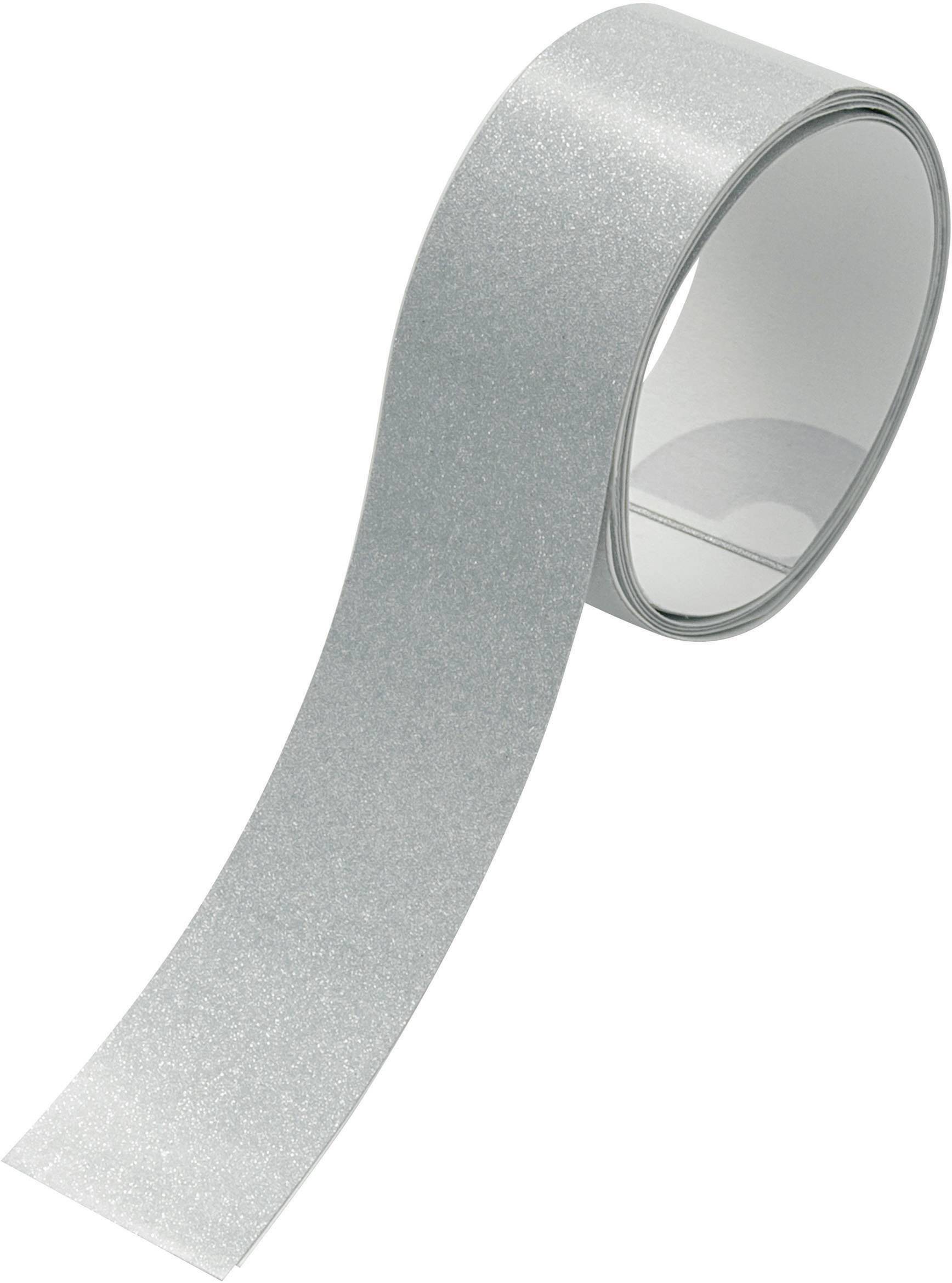 Un rouleau de ruban adhésif réfléchissant gris, légèrement scintillant, sur un fond blanc.