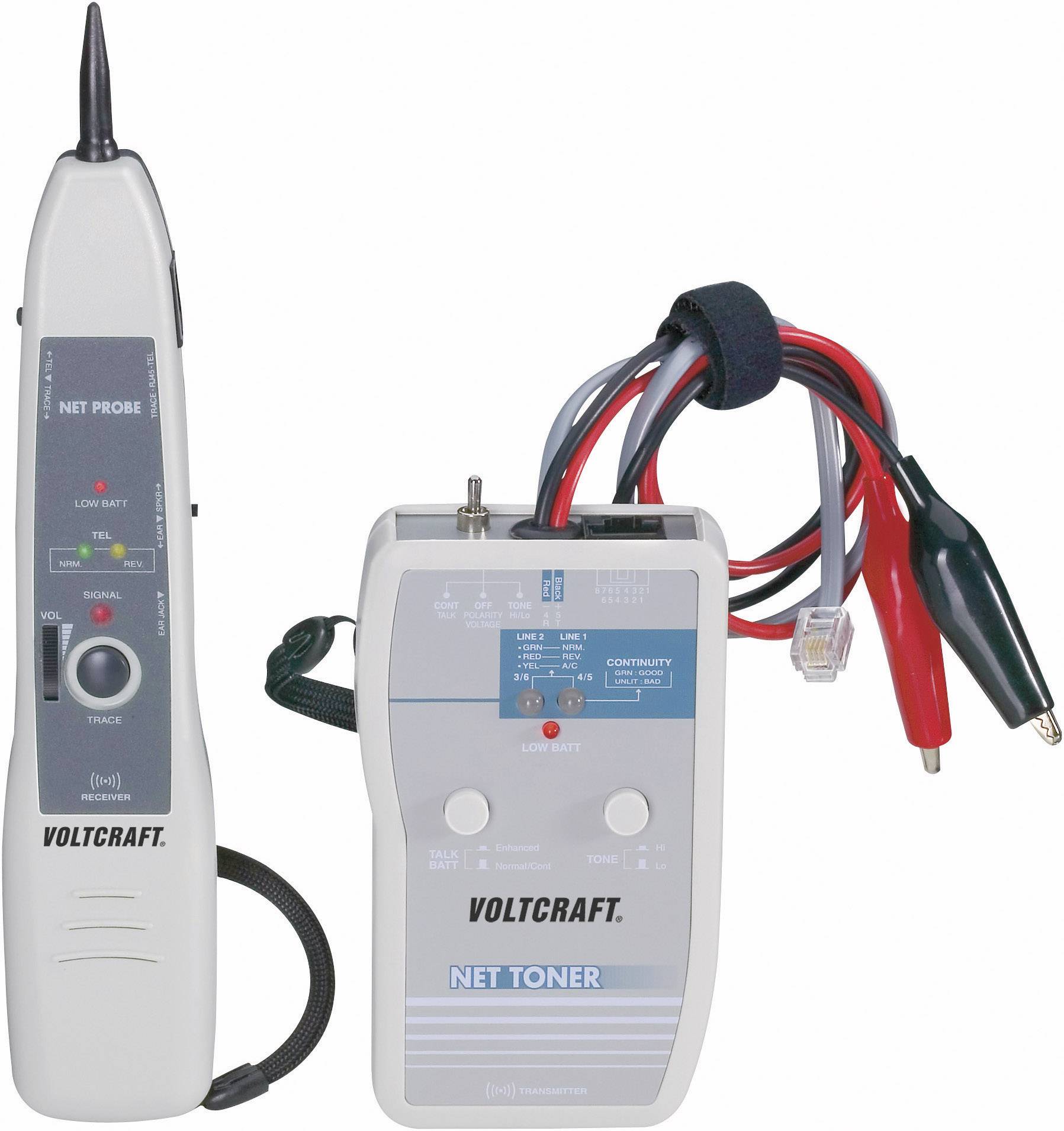 Testeur de réseau avec deux unités : une sonde avec un régulateur de volume et une station principale avec des connexions pour les tests de câbles.