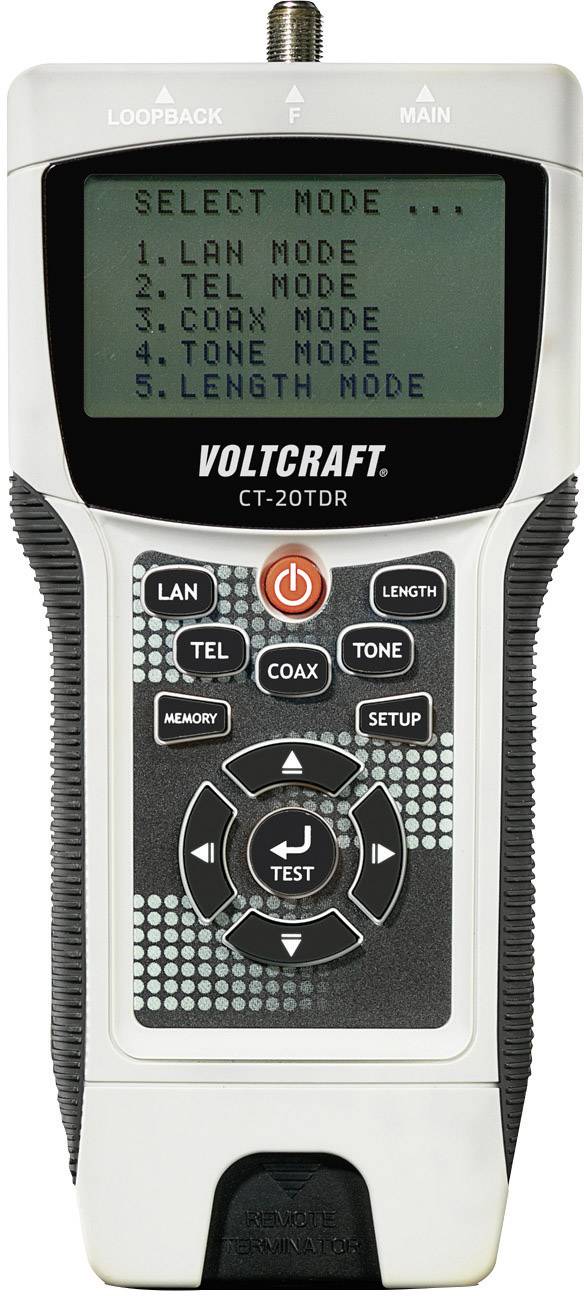 Un appareil de mesure portable de Voltcraft pour vérifier les câbles réseau. L'écran permet de sélectionner différents modes de fonctionnement.