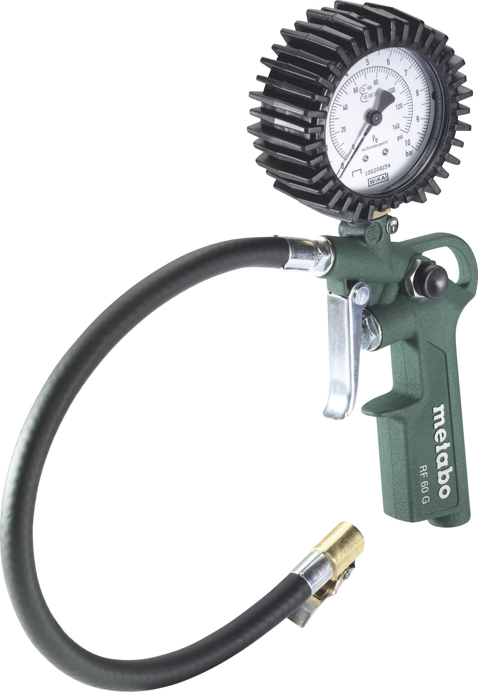 Appareil de gonflage et de mesure de pression des pneus à air comprimé avec manomètre et flexible, permettant un gonflage et une mesure précis de la pression des pneumatiques.