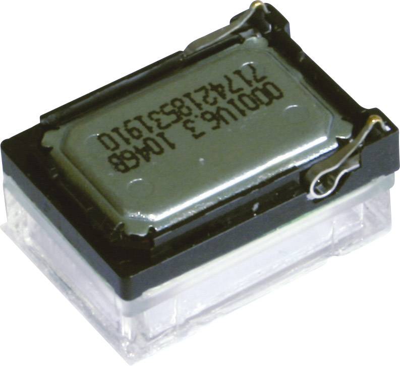 Un oscillateur à quartz rectangulaire avec boîtier métallique et deux connexions électriques sur une base transparente.
