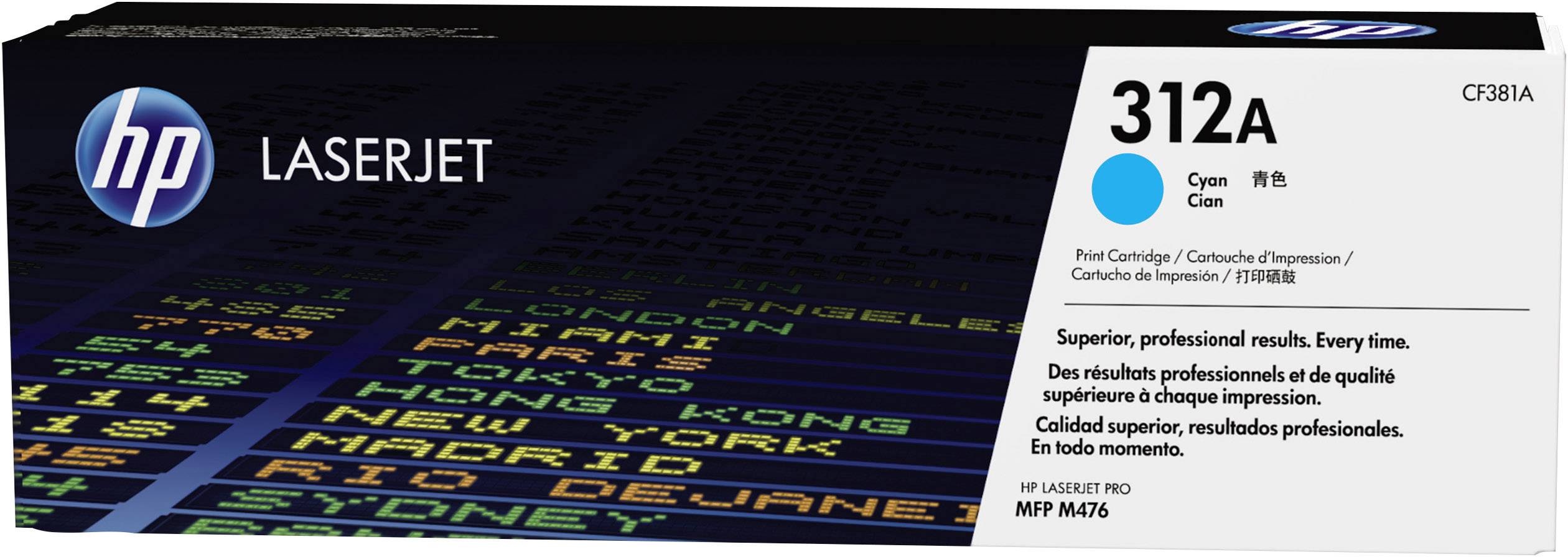 Cartouche de toner HP LaserJet 312A en Cyan, présentant un exemple d'application avec des noms de villes sur fond noir, compatible avec l'imprimante multifonction MFP M476.