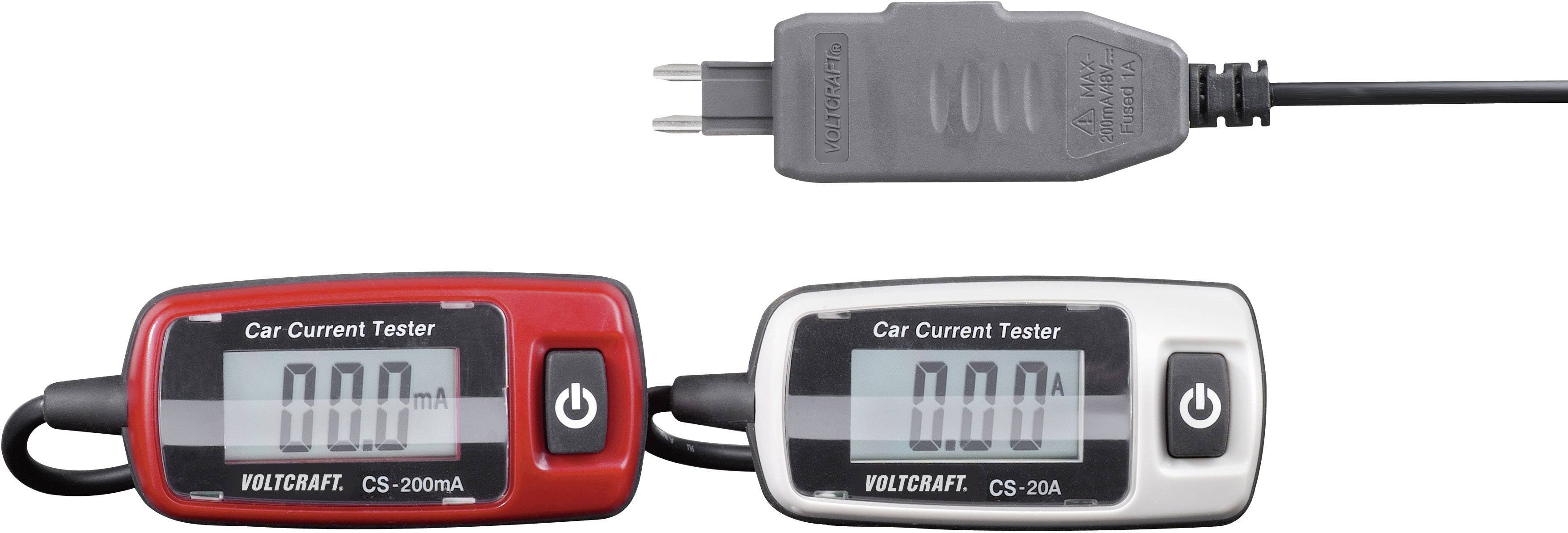 Deux testeurs de courant automobile numériques avec affichage LCD, boîtiers rouge et blanc, affichant '0,00'. Un connecteur d'alimentation en haut.