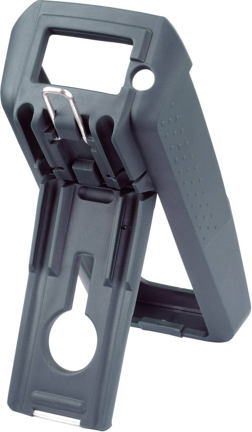 Un boîtier en plastique gris foncé, escamotable. Il semble être conçu pour un appareil portable, probablement pour en faciliter la manipulation.
