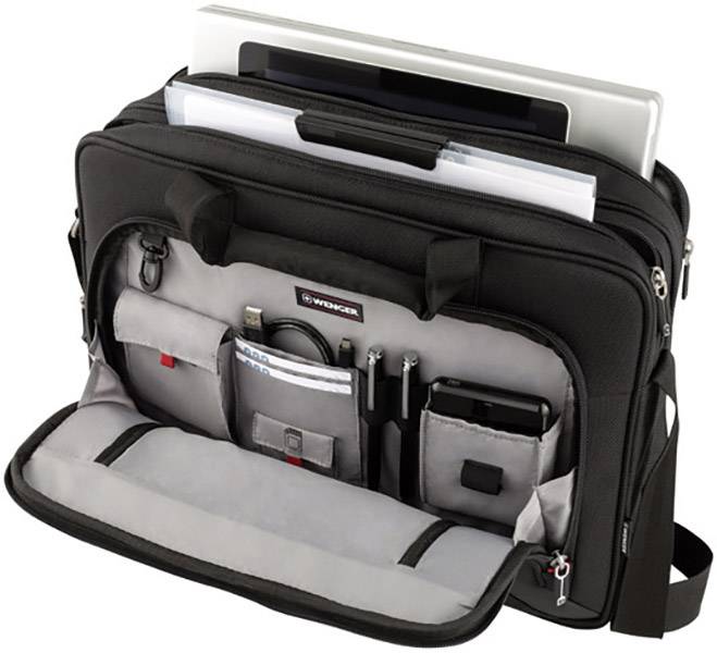 Un sac à ordinateur portable noir ouvert avec plusieurs compartiments, organisant du matériel de bureau, des câbles et un ordinateur portable.