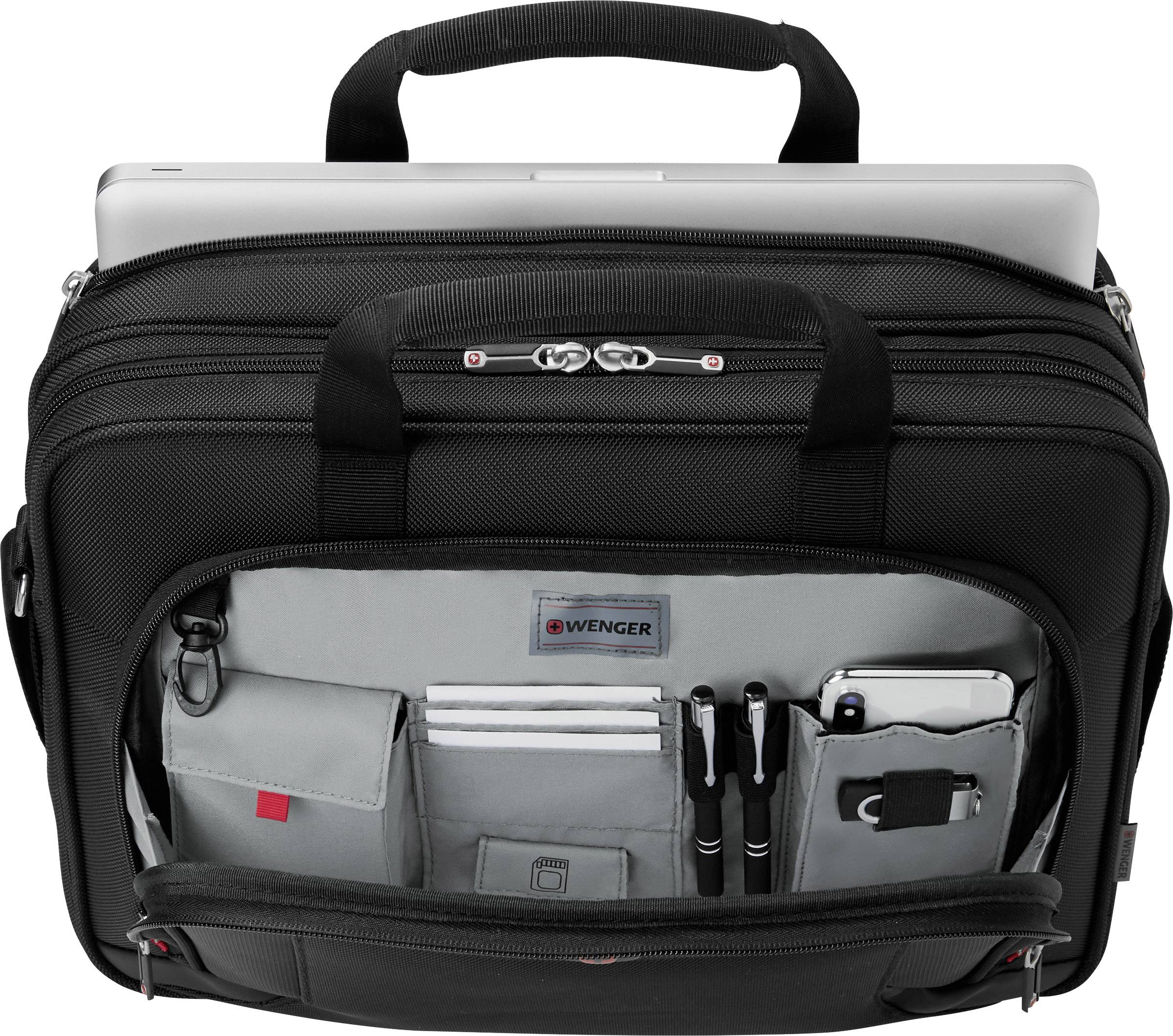 Sacoche pour ordinateur portable noir avec plusieurs compartiments, logo de marque 'Wenger' visible. Compartiment avant organisé avec de l'espace pour stylos et accessoires.
