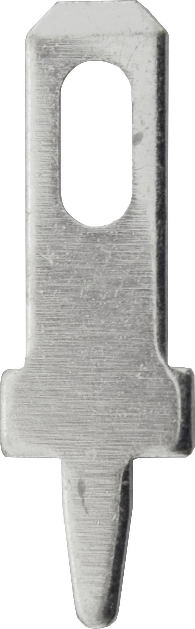 Une goupille métallique argentée avec une tête rectangulaire et une encoche ovale au centre. Utilisée comme élément de fixation ou de connexion.