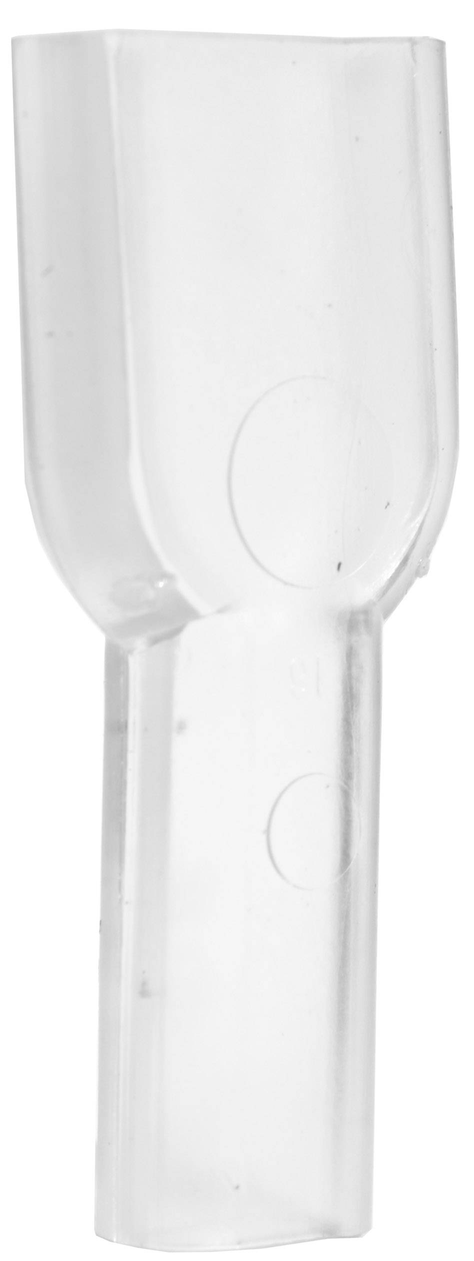 Un connecteur en plastique transparent avec une ouverture plate à une extrémité, probablement adapté aux connexions de câbles électriques.