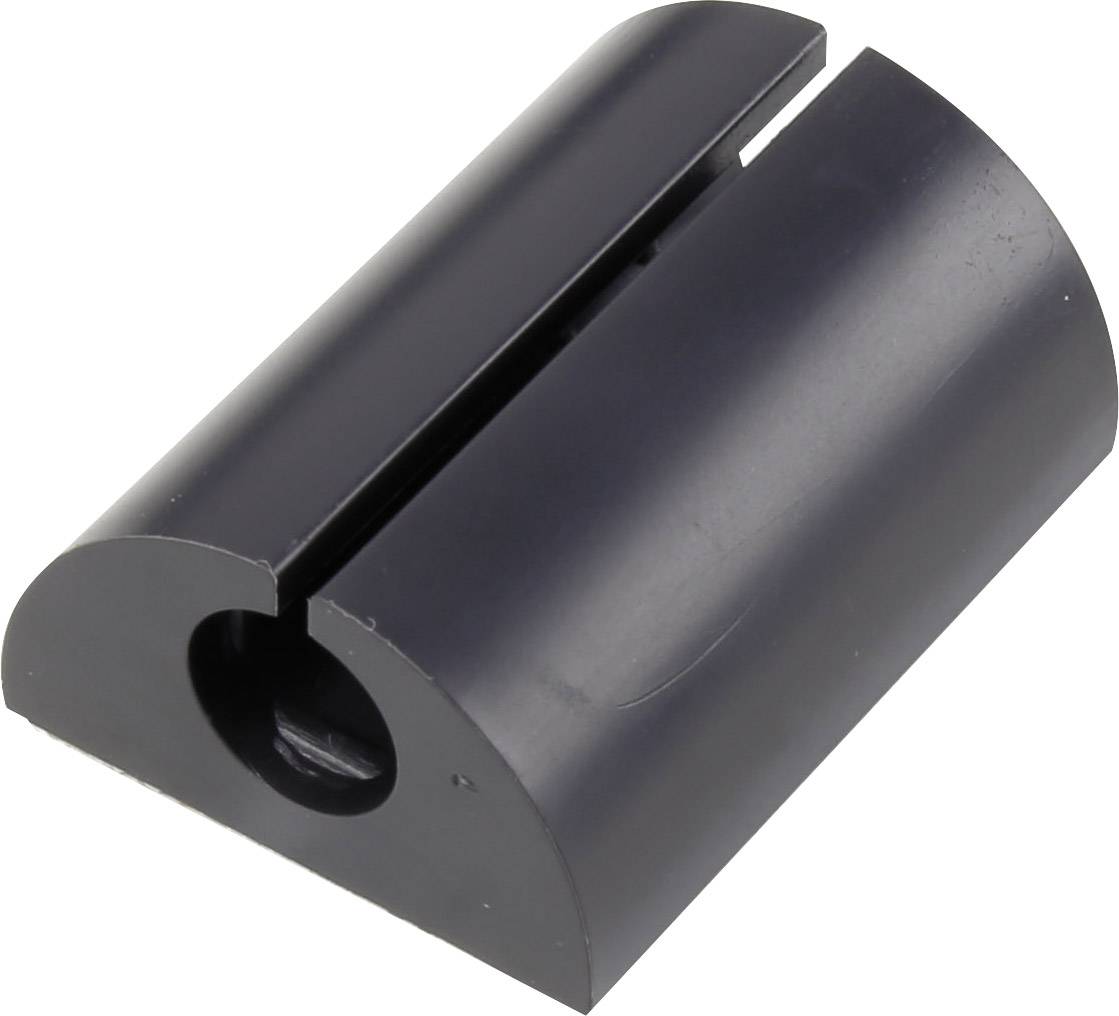 Pièce en plastique noir, semi-circulaire, avec une fente à son extrémité et un trou à la base, probablement un élément de fixation ou un clip.
