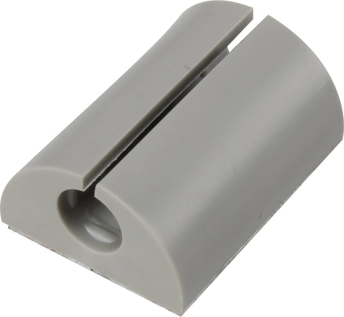 Un support en plastique gris, semi-circulaire, avec une fente au milieu. Utilisé pour fixer des objets, comme des câbles.