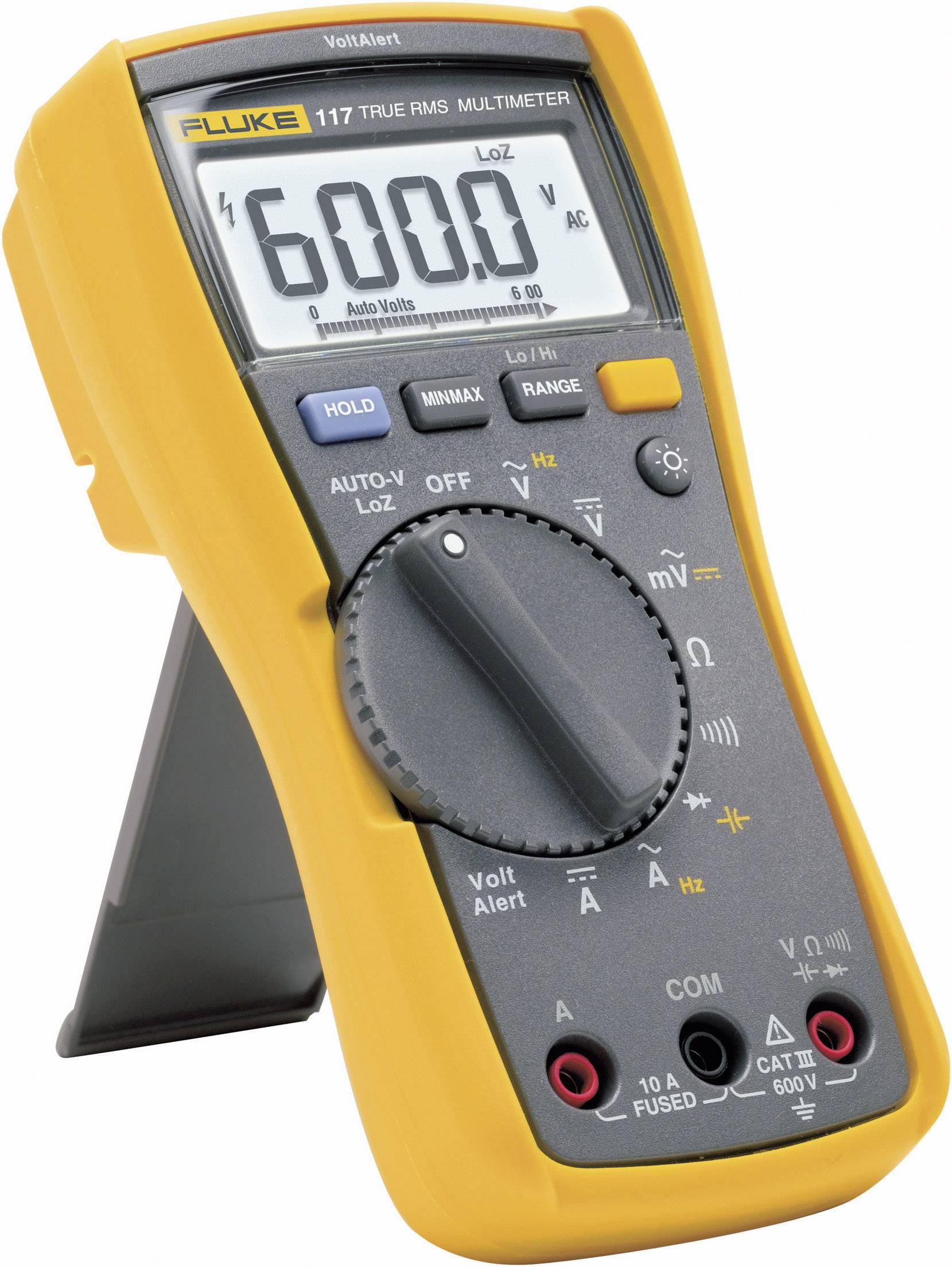 Un multimètre jaune affiche une valeur de 600,0 volts AC sur son écran. Il dispose de plusieurs touches et d'un commutateur rotatif pour la sélection.