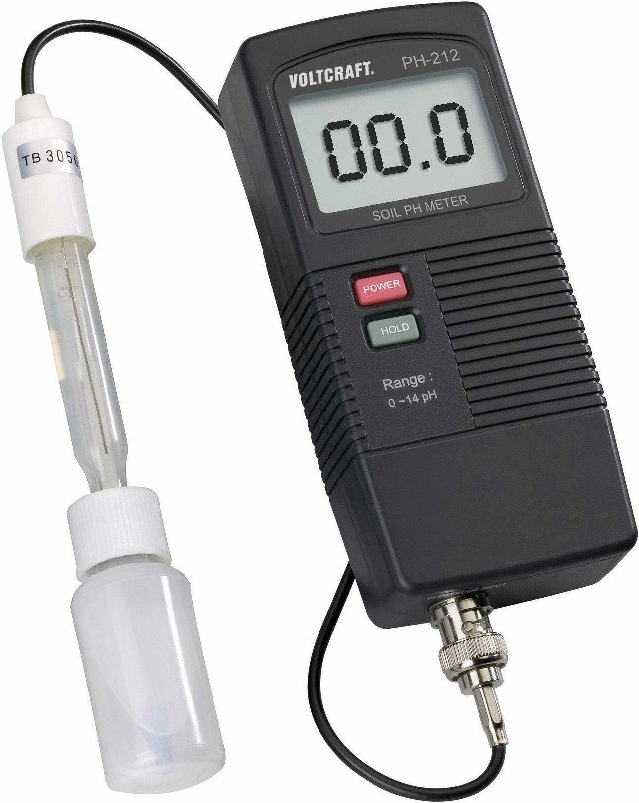 Le 'VOLTCraft PH-212 Boden-pH-Meter' affiche 0,0 pH. Connecté à une électrode pH et à un liquide de calibrage. Utilise une alimentation électrique.