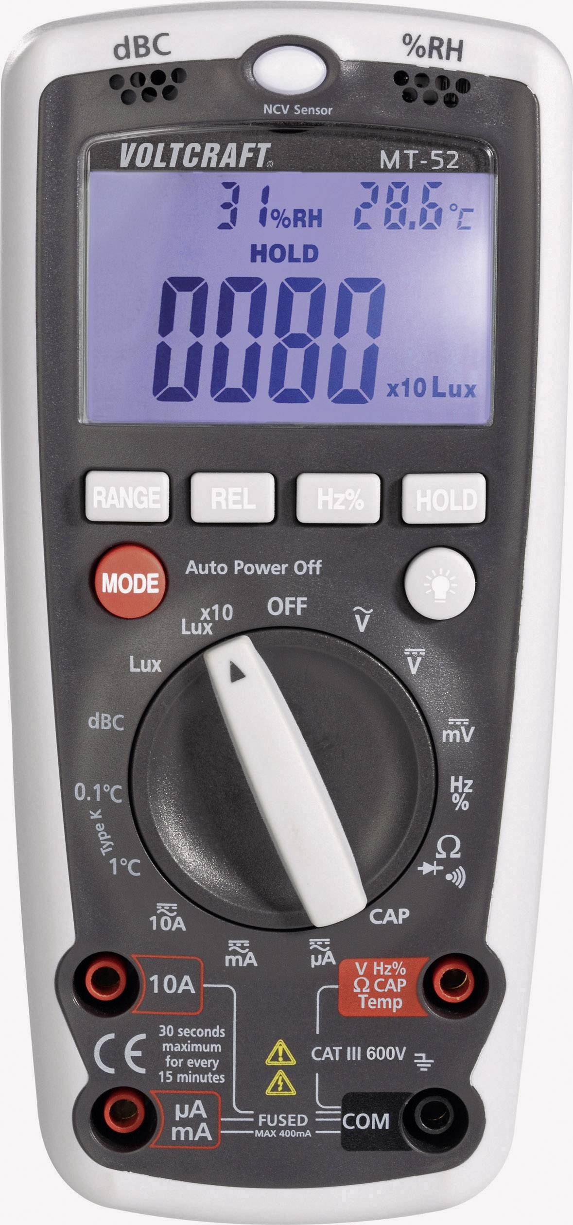 Multimètre numérique avec grand écran, affichant '0080 x10 Lux', température et humidité relative. Bouton de sélection pour différentes fonctions de mesure.