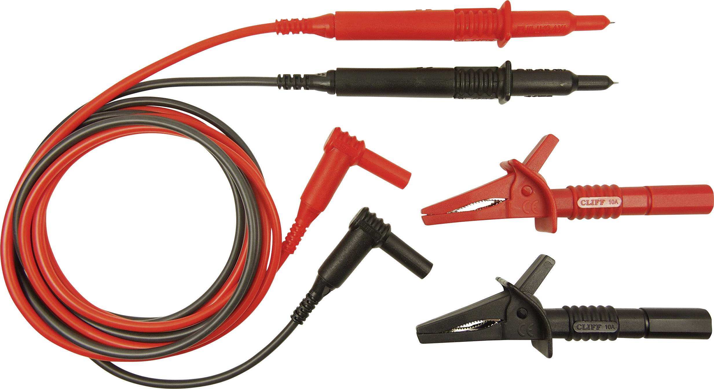 Un jeu de sondes de test et de pinces avec des câbles rouges et noirs, utilisé pour les tests et mesures électriques.