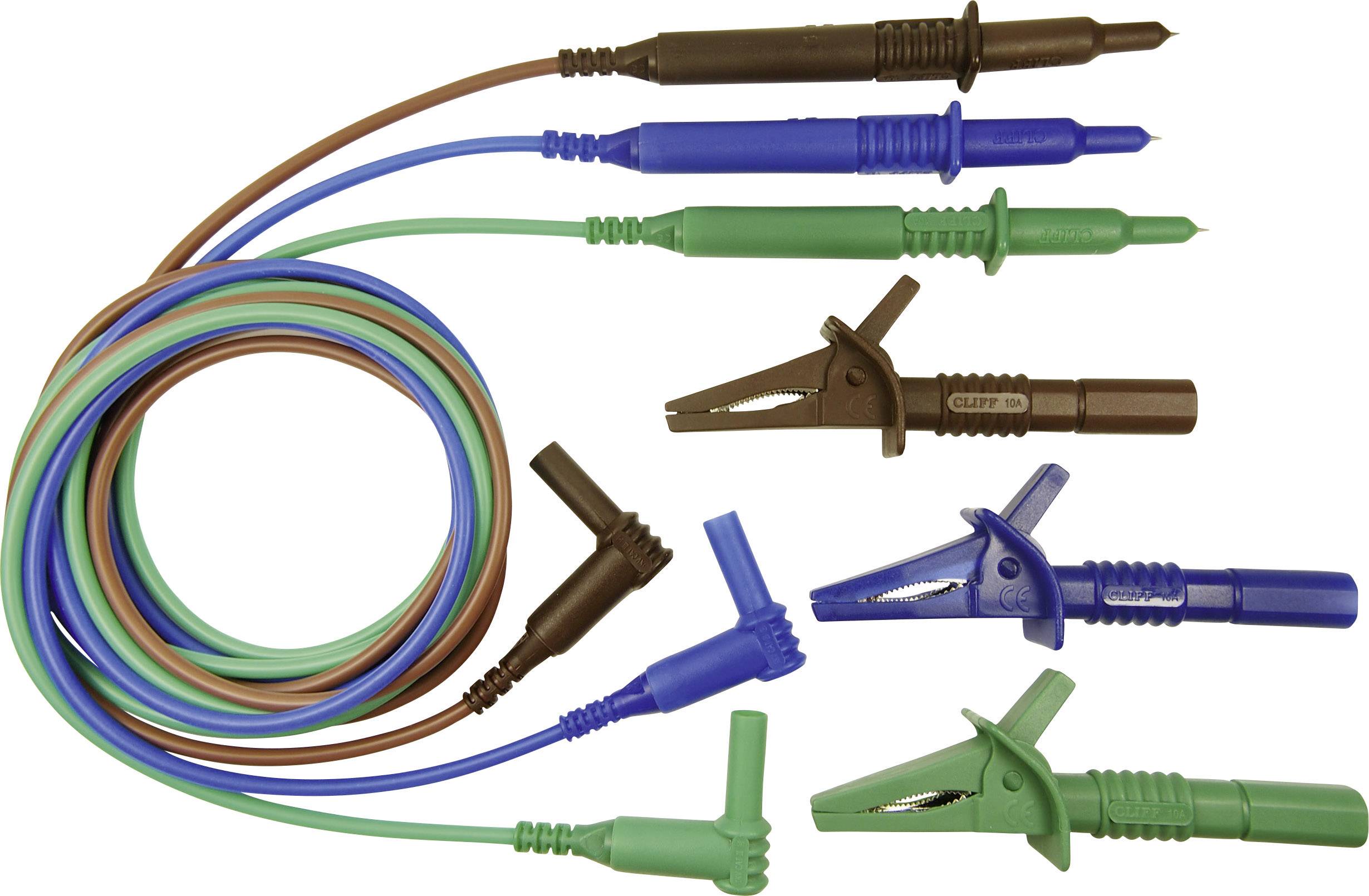 Pointes de test et câbles multicolores en bleu, vert et marron, munis de pinces crocodile isolées et de connexions de sécurité.