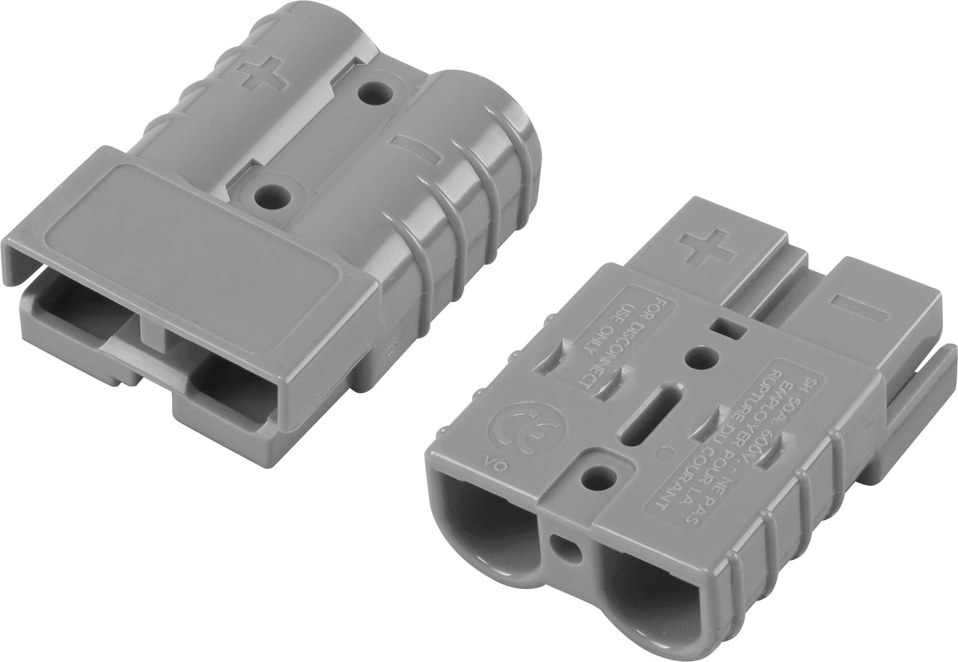 Deux connecteurs gris, l'un portant un signe plus et l'autre un signe moins, montrent les composants d'un système de connexion électrique.