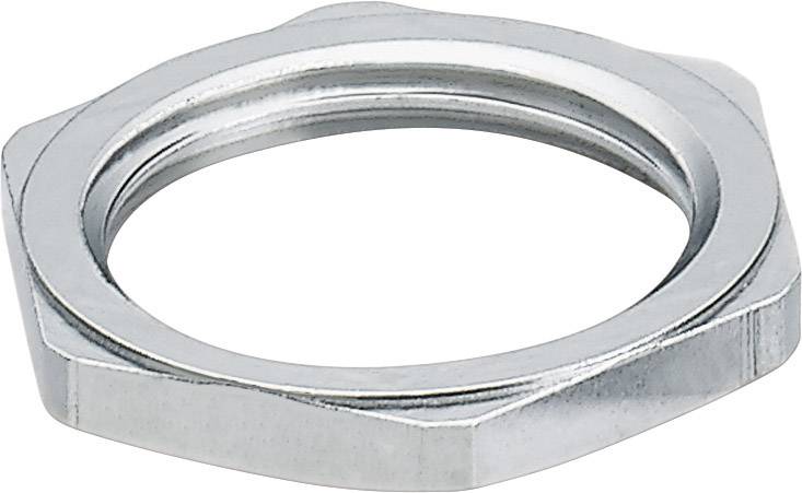 Un anneau métallique argenté hexagonal ressemblant à un écrou, sur un fond blanc.