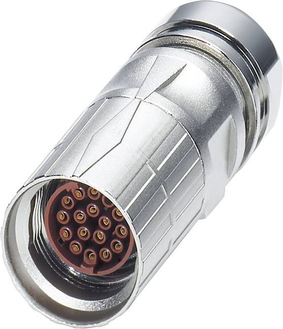 Un connecteur électrique argenté à broches multiples, entouré d'un boîtier métallique, repose sur un fond blanc.