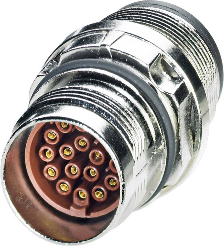 Un connecteur circulaire argenté avec plusieurs broches dorées. Adapté pour les connexions électriques dans des applications industrielles.