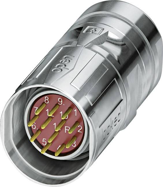 Connecteur circulaire argenté avec neuf broches dorées sur une base rouge, numérotées de 1 à 9. Le mot 'locked' est visible sur le côté.