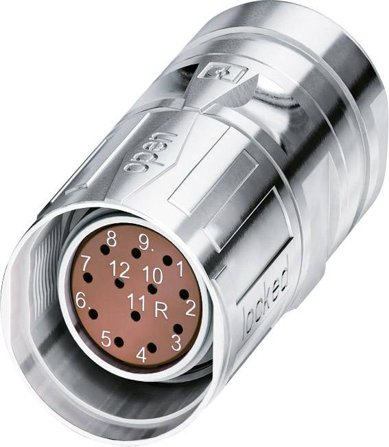 Un connecteur métallique cylindrique avec des broches numérotées de 1 à 12 et une position 'R'. Le connecteur est de couleur argent et étiqueté 'open' et 'locked'.