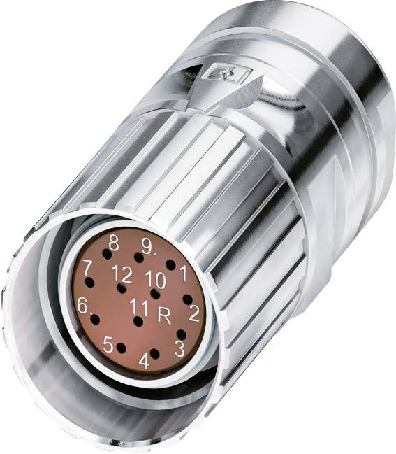 Connecteur métallique à 12 broches numérotées et une broche supplémentaire portant la désignation 'R' dans un boîtier cylindrique robuste.