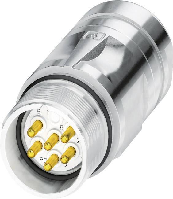 Un connecteur cylindrique métallique doté de plusieurs broches dorées dépassant de l'avant.