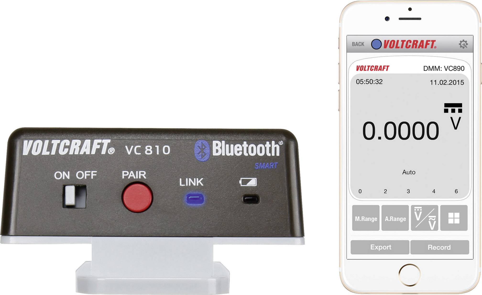 Un adaptateur Bluetooth 'Voltcraft VC 810' à côté d'un smartphone avec l'application 'Voltcraft' ouverte pour la connexion et l'affichage des données de mesure.