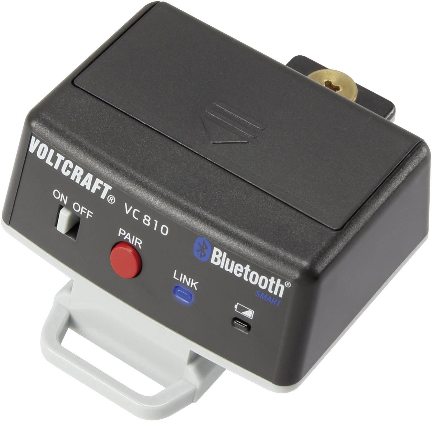 Un module Bluetooth de Voltcraft, modèle VC810, doté de touches 'On/Off', 'Pair', 'Link', et d'une LED de statut.