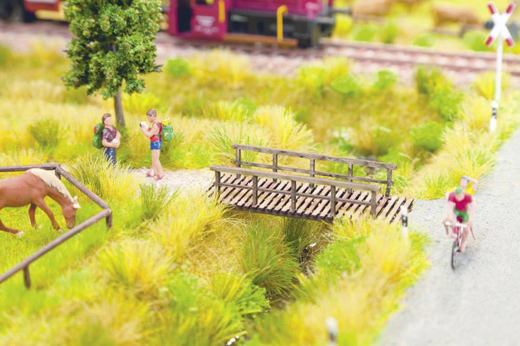 Une scène miniature montre deux randonneurs près d'un arbre, un cheval paissant dans un pré, et une personne à vélo à côté d'une petite passerelle en bois. À l'arrière-plan, un train passe.