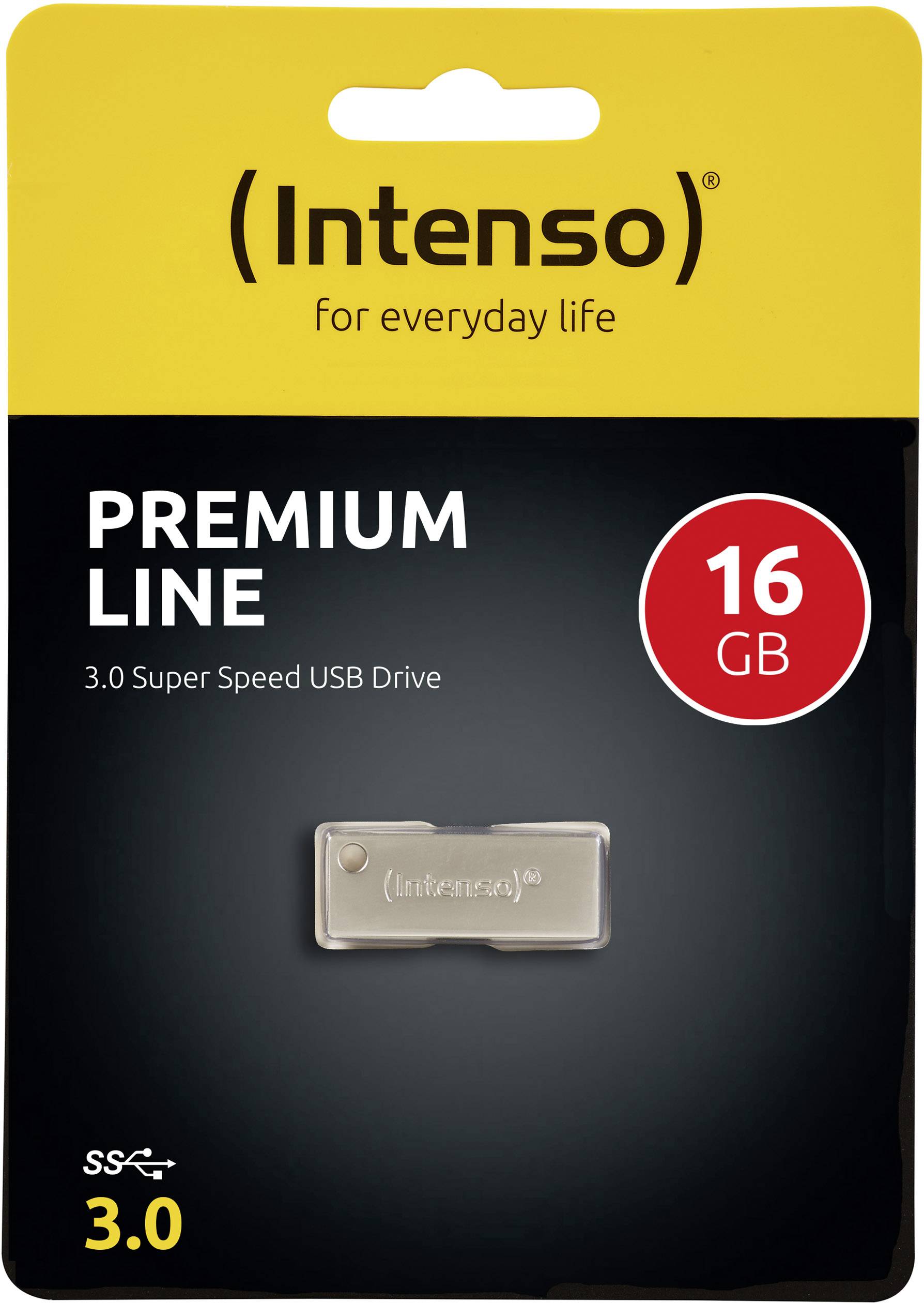 Une carte mémoire USB 3.0 Intenso de la ligne Premium avec une capacité de 16 Go. L'emballage est conçu en jaune et noir.