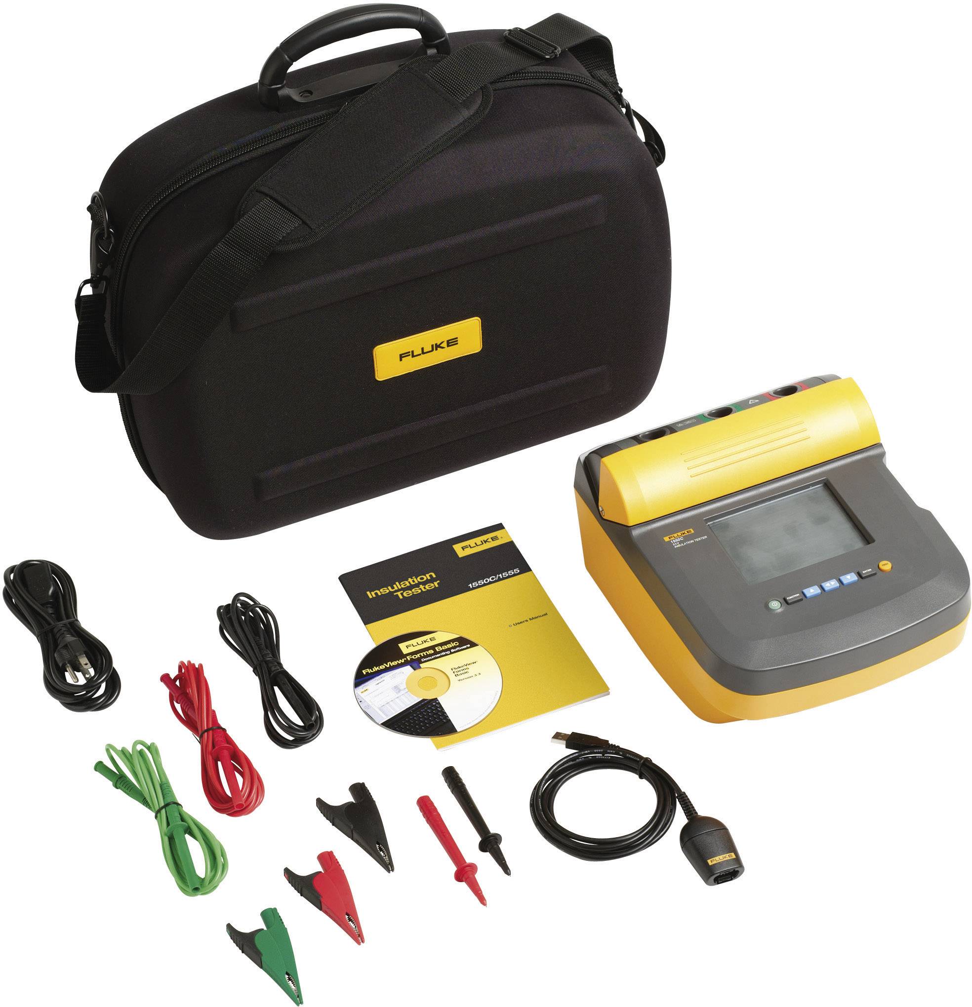 Ensemble d'appareil de test numérique avec sacoche de transport, manuels, CD, électrodes de mesure et câbles de différentes couleurs.