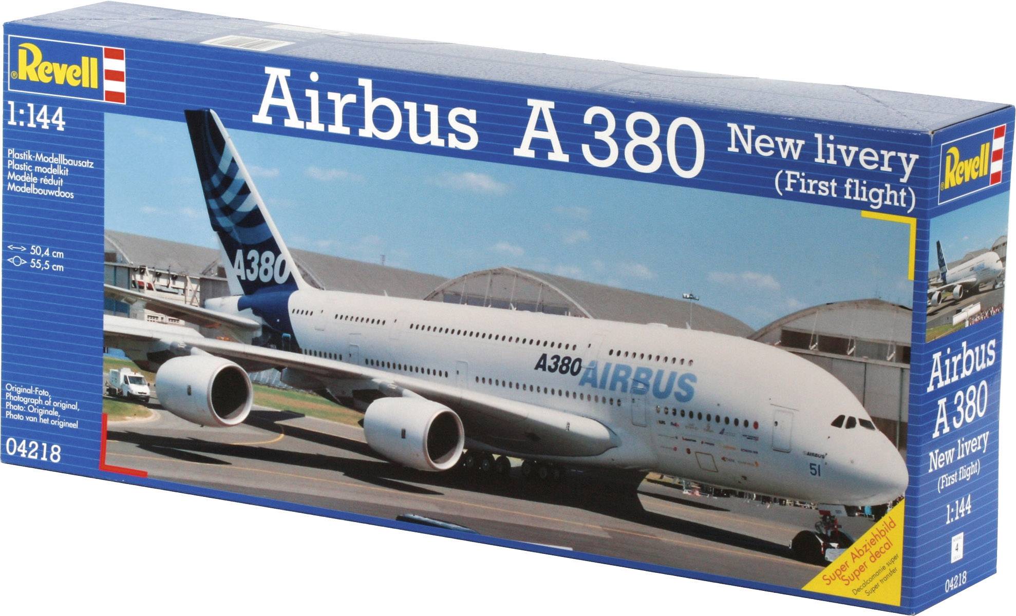 Boîte de maquette d'un Airbus A380 avec nouveau coloris. Comprend les échelles et les informations sur le modèle de Revell.