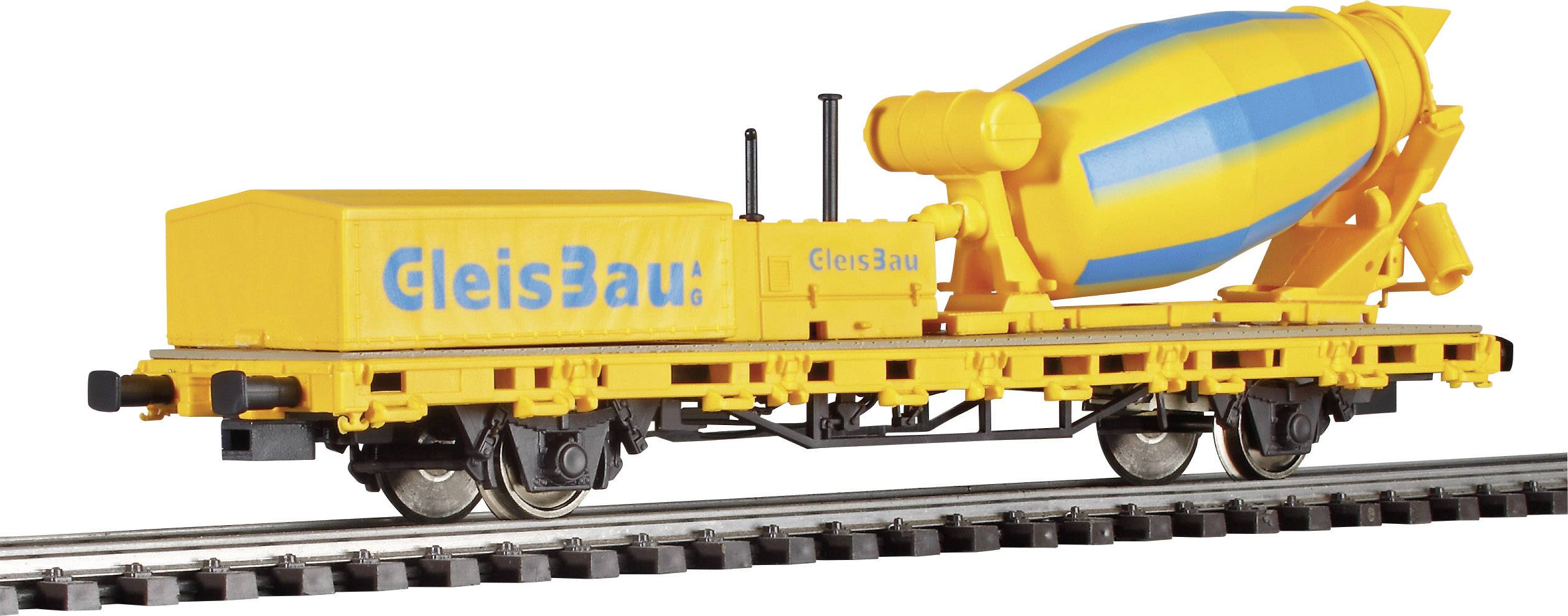 Un wagon jaune avec un tambour en béton bleu et jaune portant l'inscription 'Construction de voies ferrées' roule sur des rails.