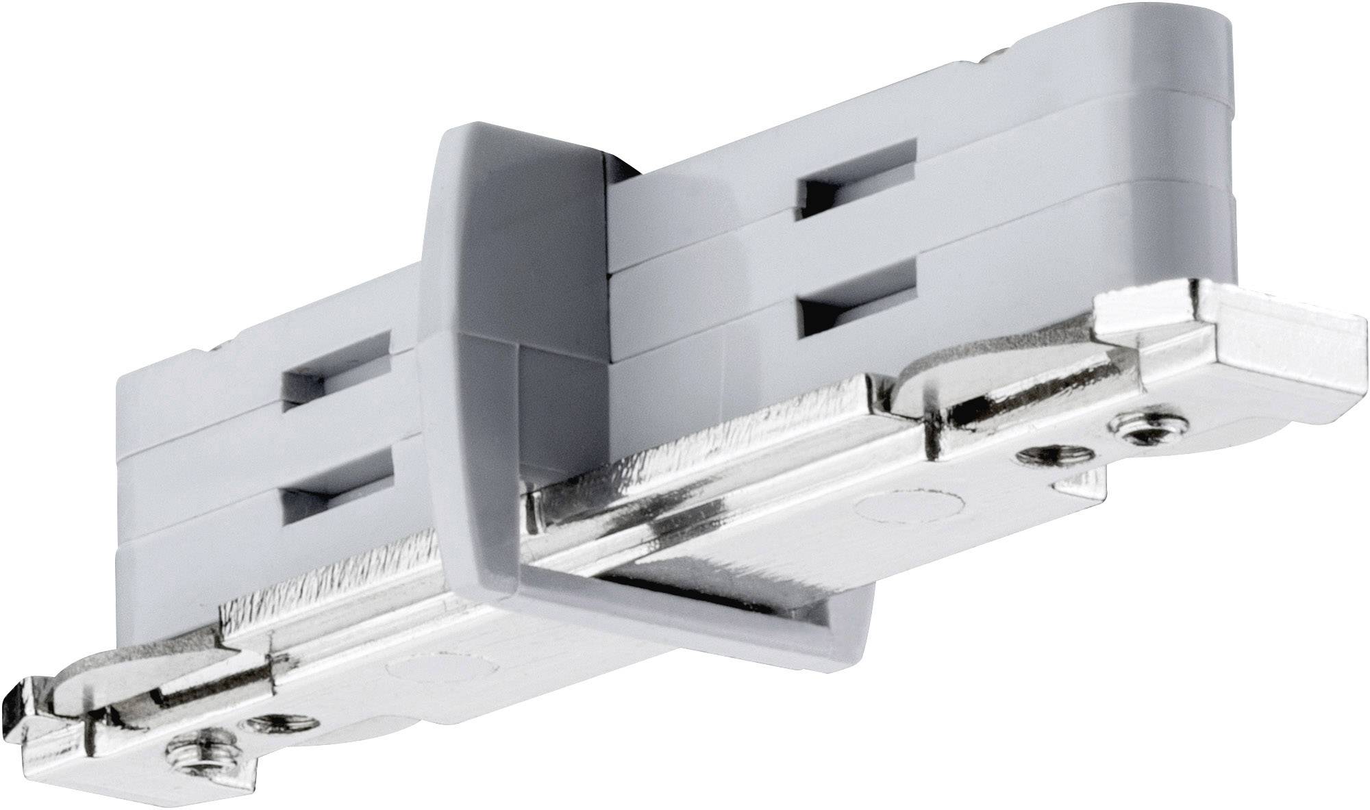 Un connecteur rectangulaire gris en plastique avec des rails métalliques, utilisé pour relier des luminaires électriques sur rail.